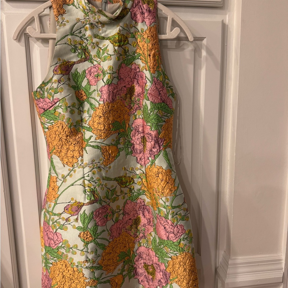 Floral Sleeveless Cocktail Dress in Pastel Pink & Mustard